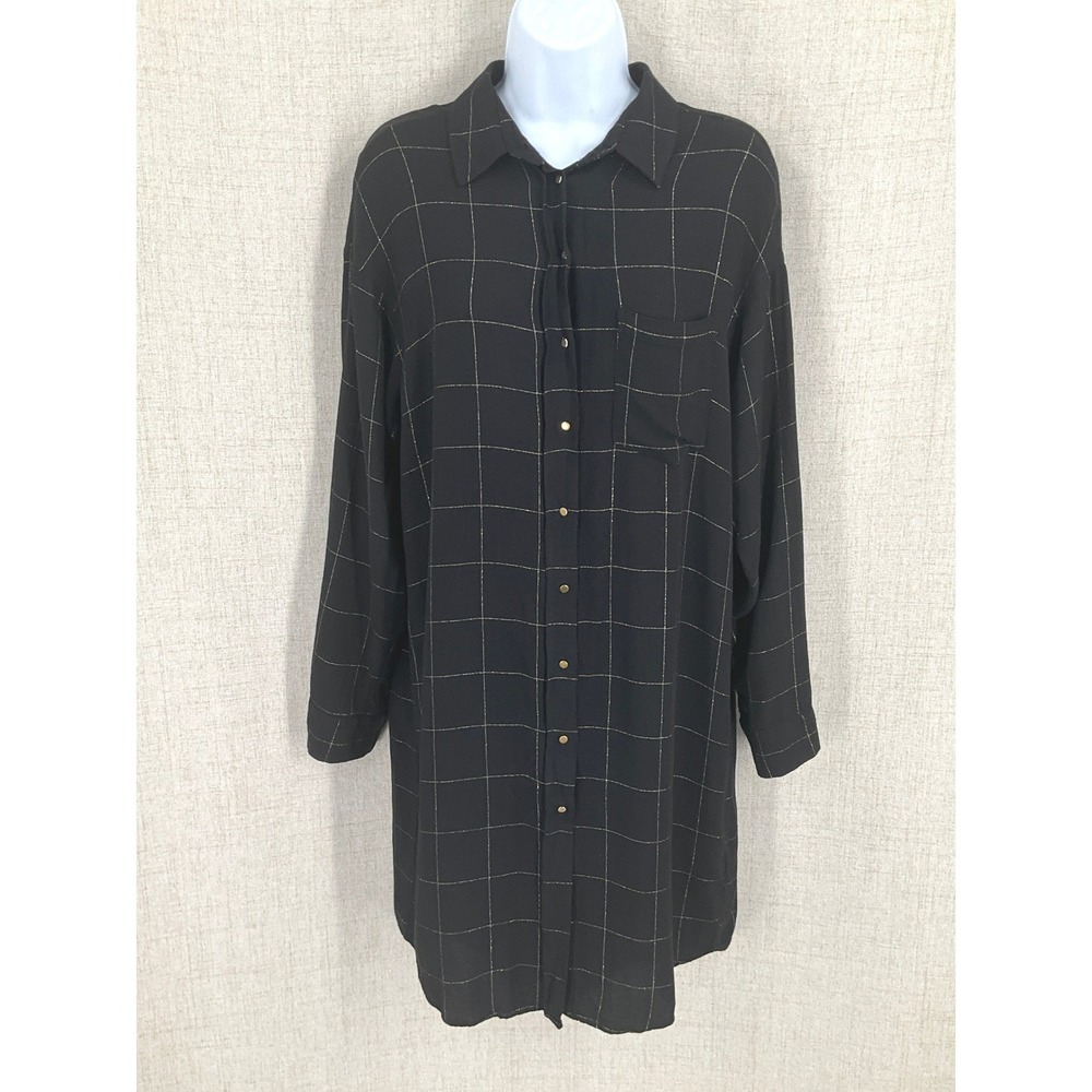 Zara Shirt Dress Women Medium Black Metallic Windowpane Oversized Longline Tunic